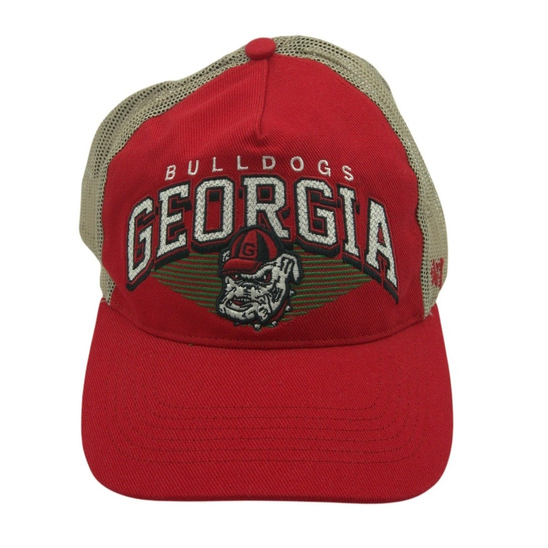 Red and khaki 47 Brand Georgia Bulldogs trucker hat with mesh back and embroidered team logo, new without tags.