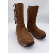 UGG Women's waterproof leather winter boots in chestnut color, size 9.5W, featuring a stylish and durable design.