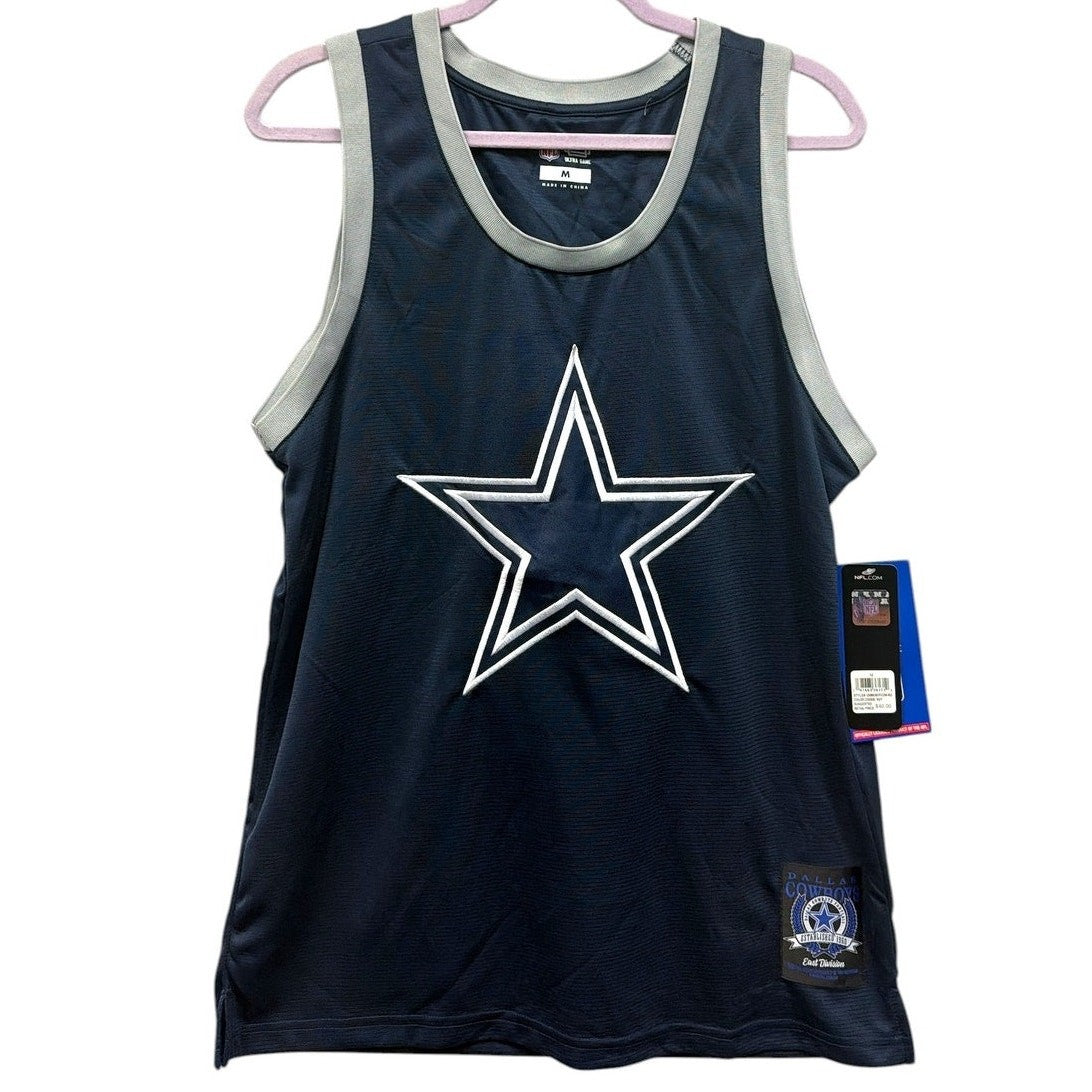Men’s Dallas Cowboys NFL mesh tank jersey in medium with team logo and football-inspired design, perfect for game day wear.