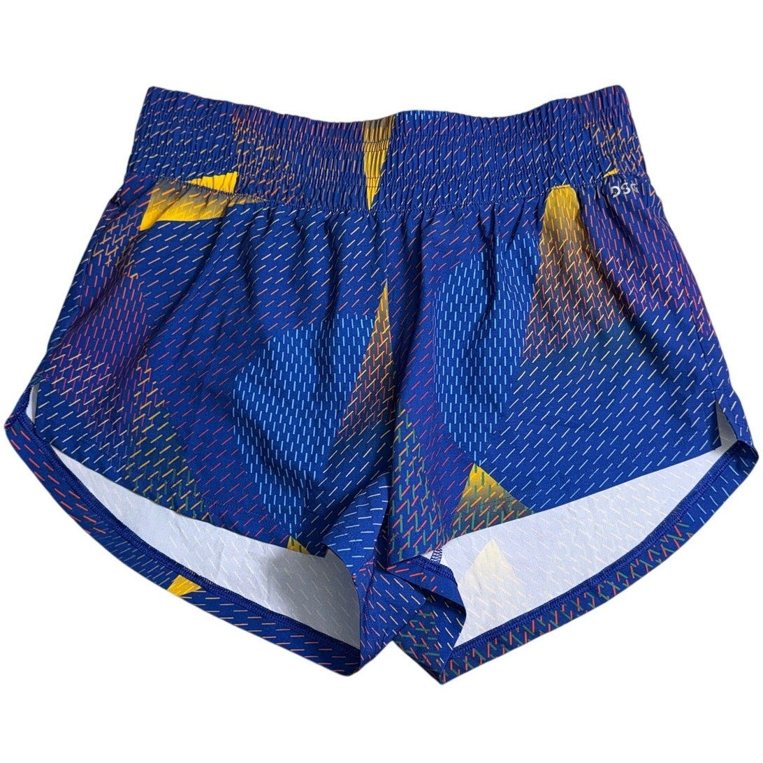 DSG High Rise Stride Shorts in On The Fence Cobalt for women, small size, featuring a fitted high-rise design and athletic style.