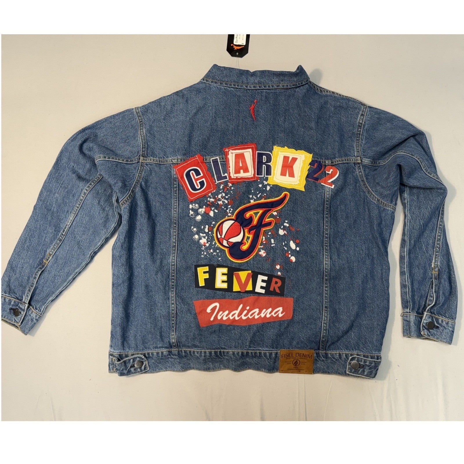 Custom Indiana Fever denim jacket featuring Caitlin Clark #22, Fisll brand, with trucker style and vibrant team graphics.