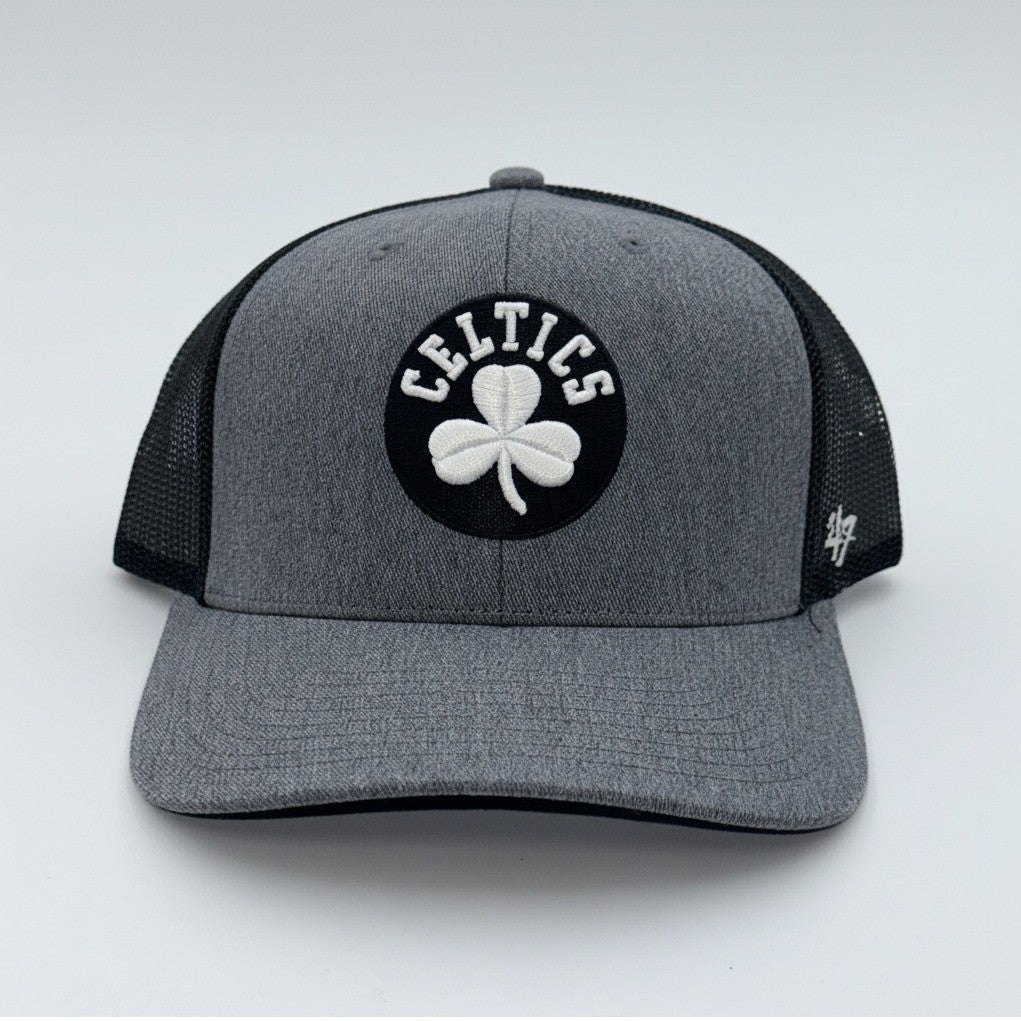 Gray and black NBA Boston Celtics '47 Brand trucker hat with mesh panels and snapback closure.