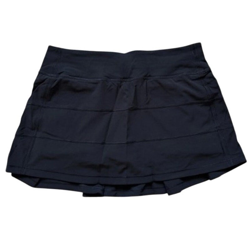Black Lululemon Pace Rival Mid-Rise Skirt in size 2, shown laid flat with waist and length details visible.