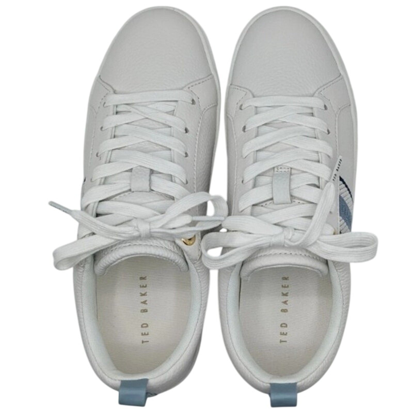 Ted Baker Bailey Icon leather sneakers in white and blue, featuring sleek design and sporty laces, size 8.5/7.5/6.5.