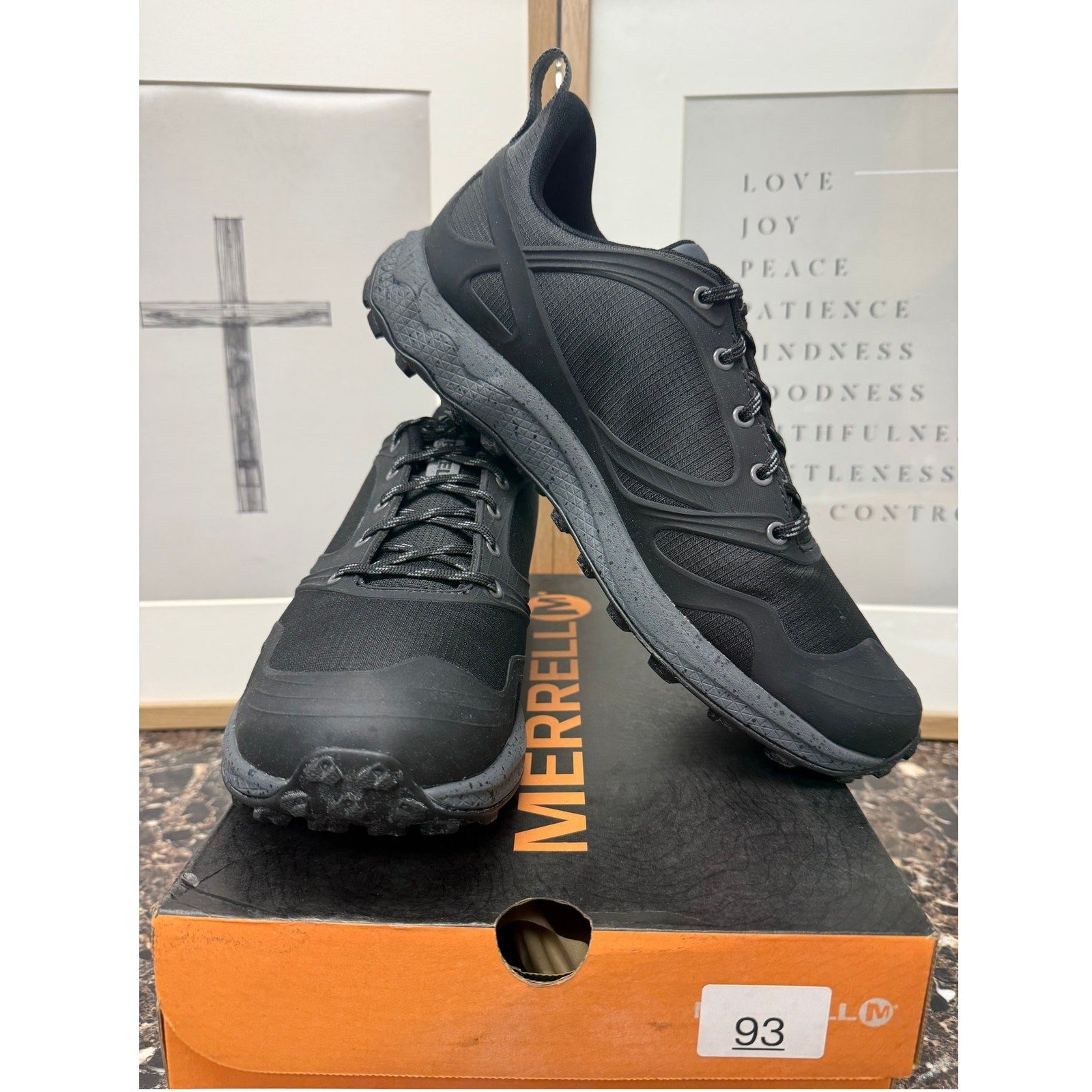 Merrell Altalight Trail Hiking Shoes in black and rock color, men's size 11, with rugged design and breathable mesh for trail running.