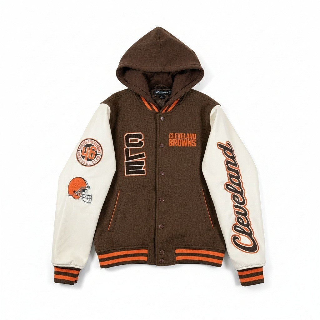 Women's varsity jacket by The Wild Collective featuring Cleveland Browns team colors and logo, small size, casual athletic style.