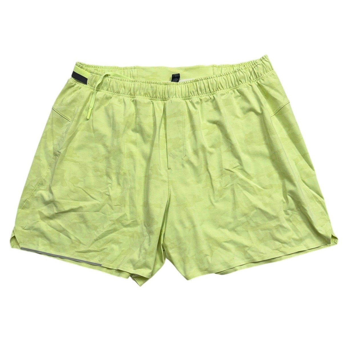 Lululemon T.H.E. Short XXL neon yellow camo men's training shorts with athletic fit and vibrant camouflage pattern.