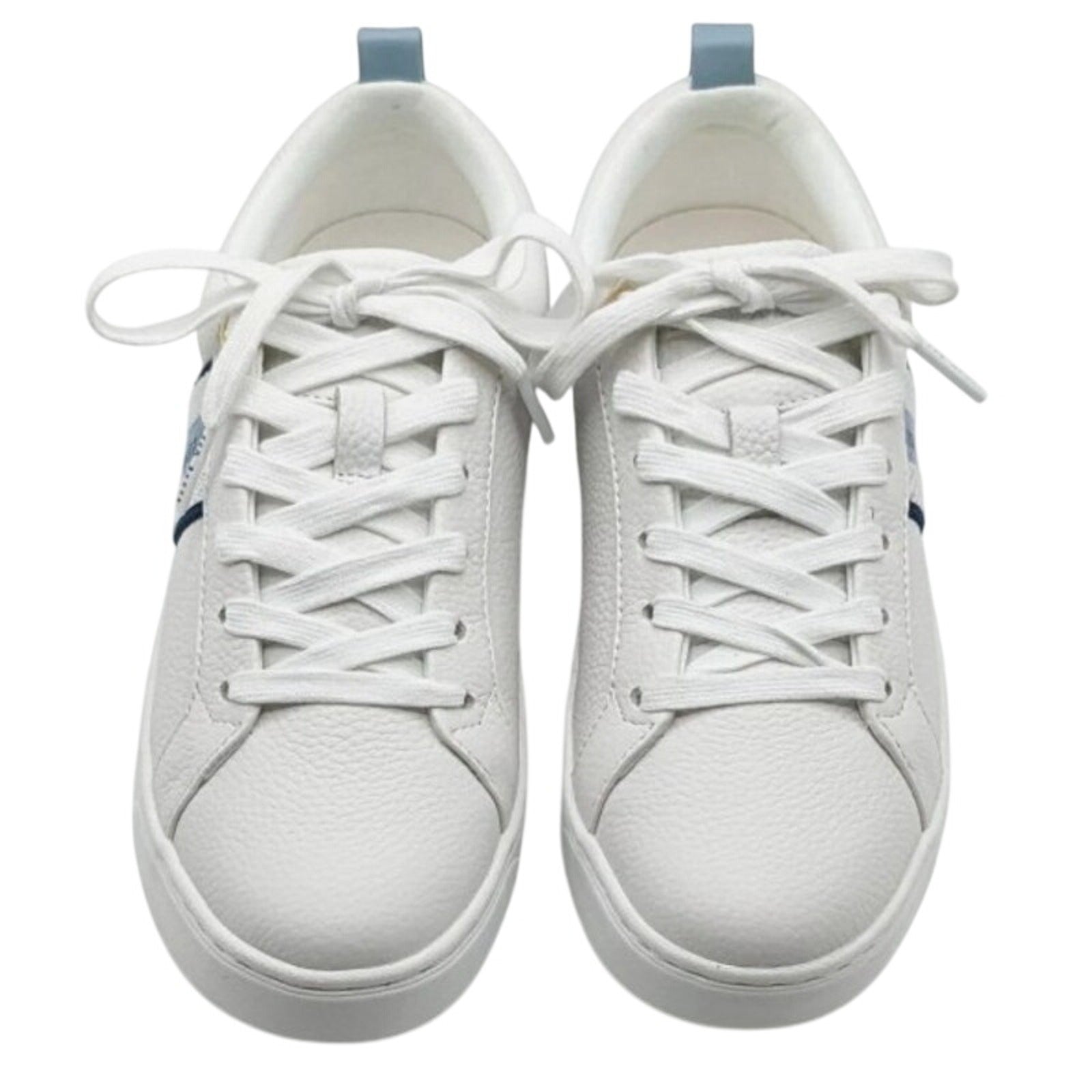 Ted Baker Bailey Icon leather sneakers in white and blue, displayed on a plain background, size 8.5, 7.5, 6.5 options.