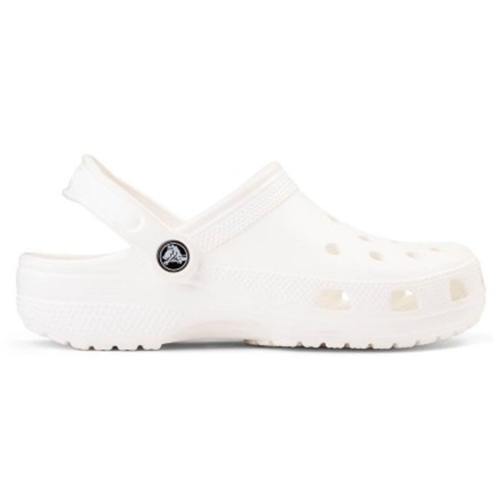 White Crocs Classic Clog sandals with J5 design and textured sole, displayed on a plain background.