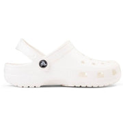 White Crocs Classic Clog sandals with J5 design and textured sole, displayed on a plain background.