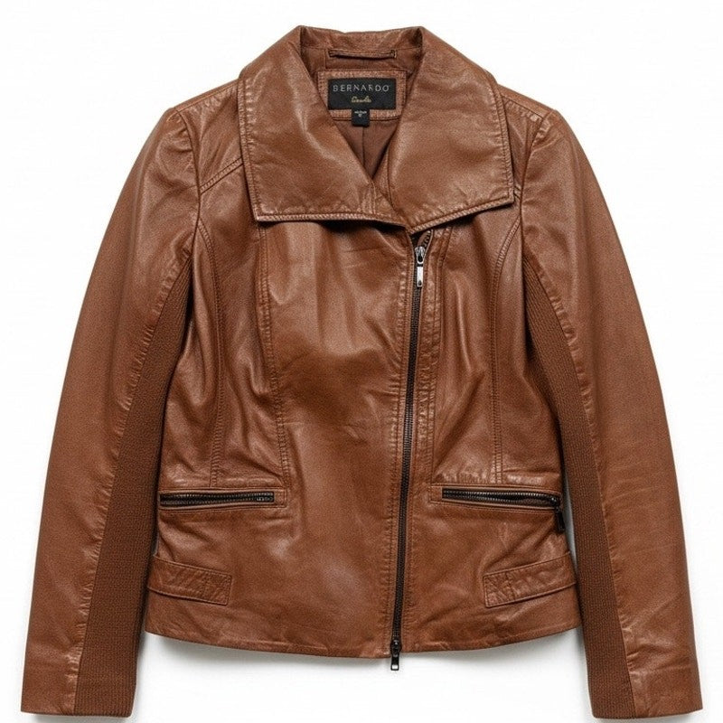 Bernardo brown leather jacket for women, size XS, featuring a classic fit with a smooth leather exterior and stylish collar.