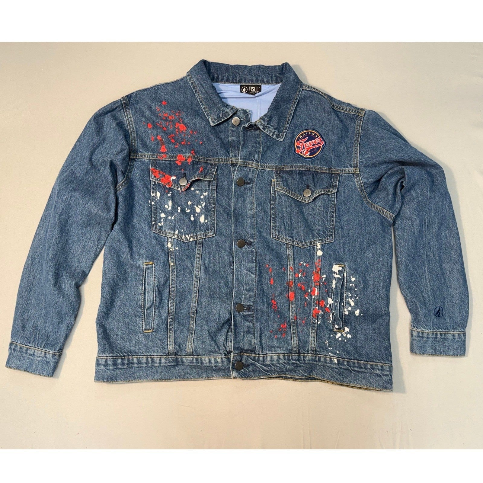 NWT Fisll denim jacket featuring Caitlin Clark #22 Indiana Fever logo, custom design, oversized fit, front pockets, and button closure.