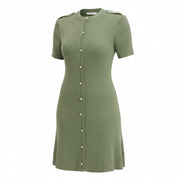 Olive green French Connection women's mini sweater dress, casual sweatshirt style, shown on a model.