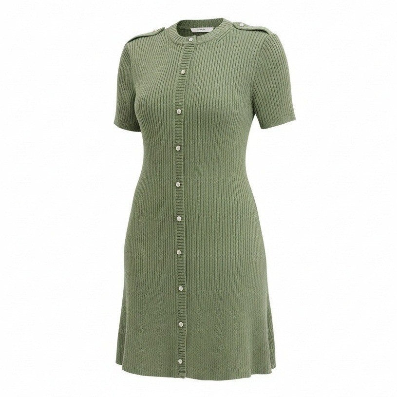 Olive green French Connection women's mini sweater dress, casual sweatshirt style, shown on a model.