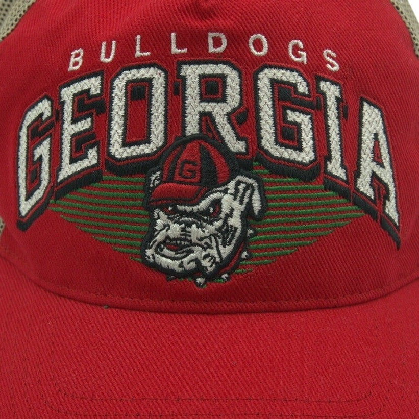 Red and khaki 47 Brand Georgia Bulldogs trucker hat with mesh back and embroidered team logo, front view.