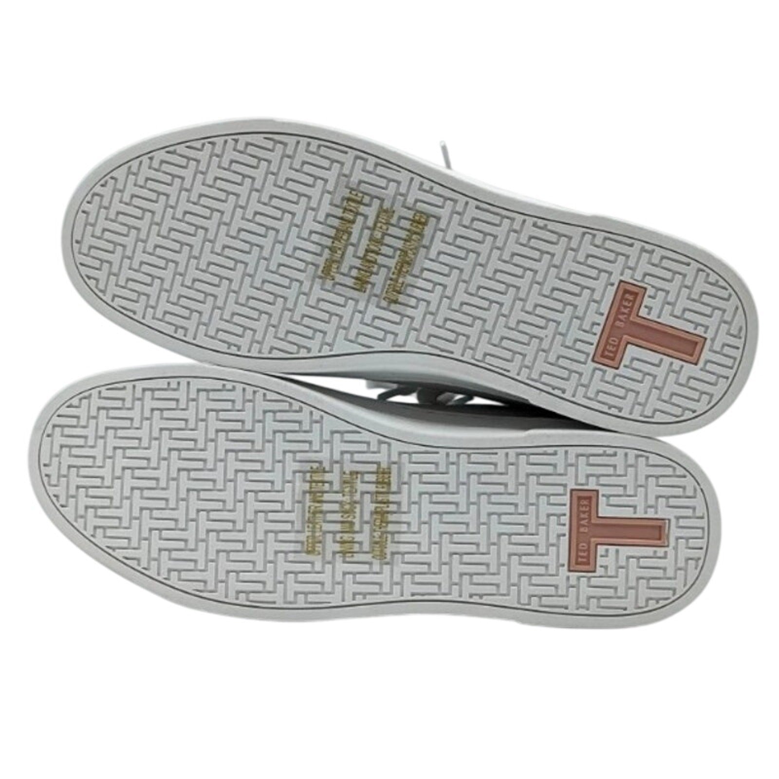 Pink and white Ted Baker Bailey Icon leather sneakers, size 7/8.5, featuring stylish design and comfortable fit.