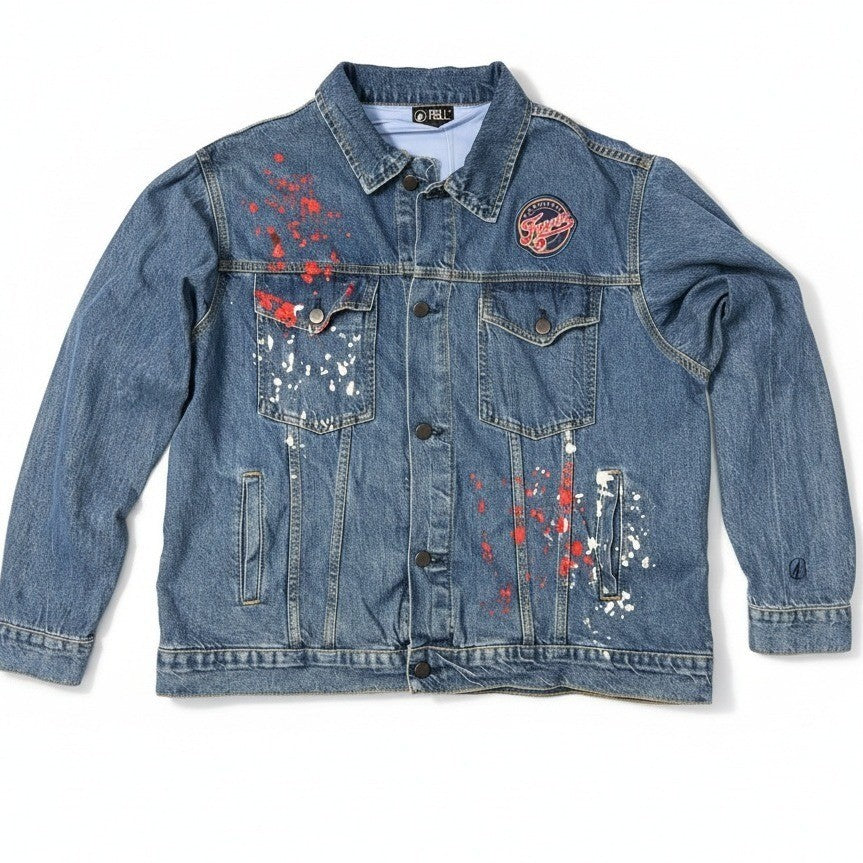 New Caitlin Clark Indiana Fever custom denim jacket by Fisll featuring player number 22 and team logo, front view.