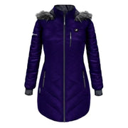ActionHeat heated long puffer jacket with hood for women, indigo color, size XS, featuring a quilted design and front zipper closure.