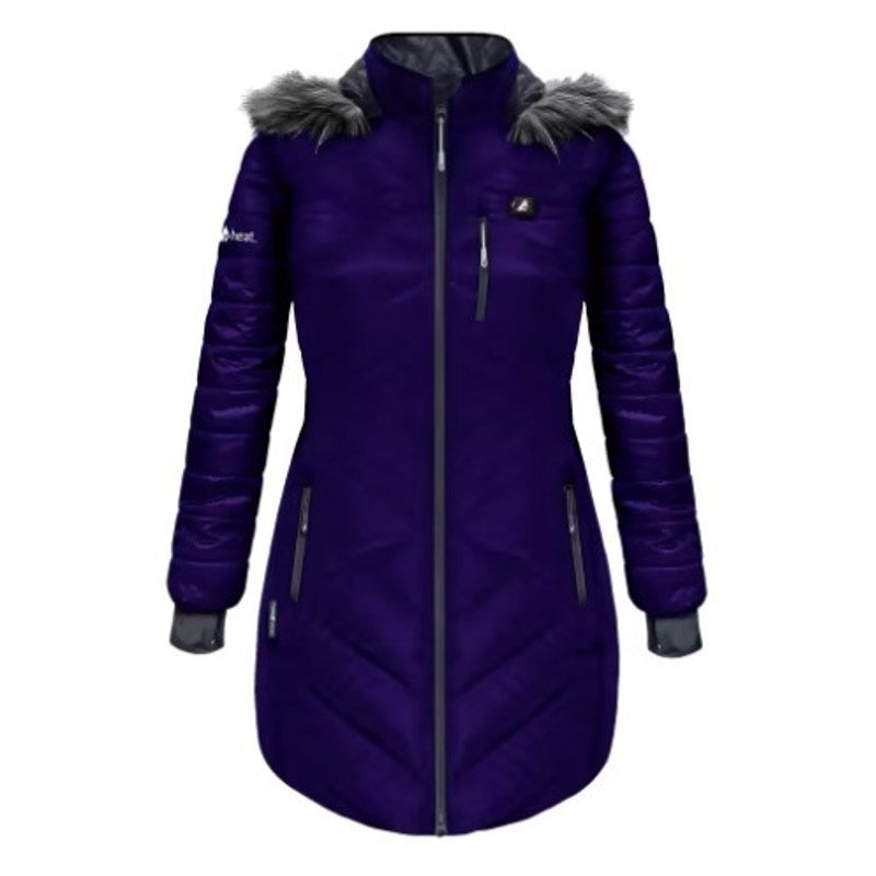 ActionHeat heated long puffer jacket with hood for women, indigo color, size XS, featuring a quilted design and front zipper closure.
