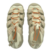 Keen Newport H2 women's running shoes in light beige with orange bungee laces, size 8.5, showing side view and breathable mesh upper.