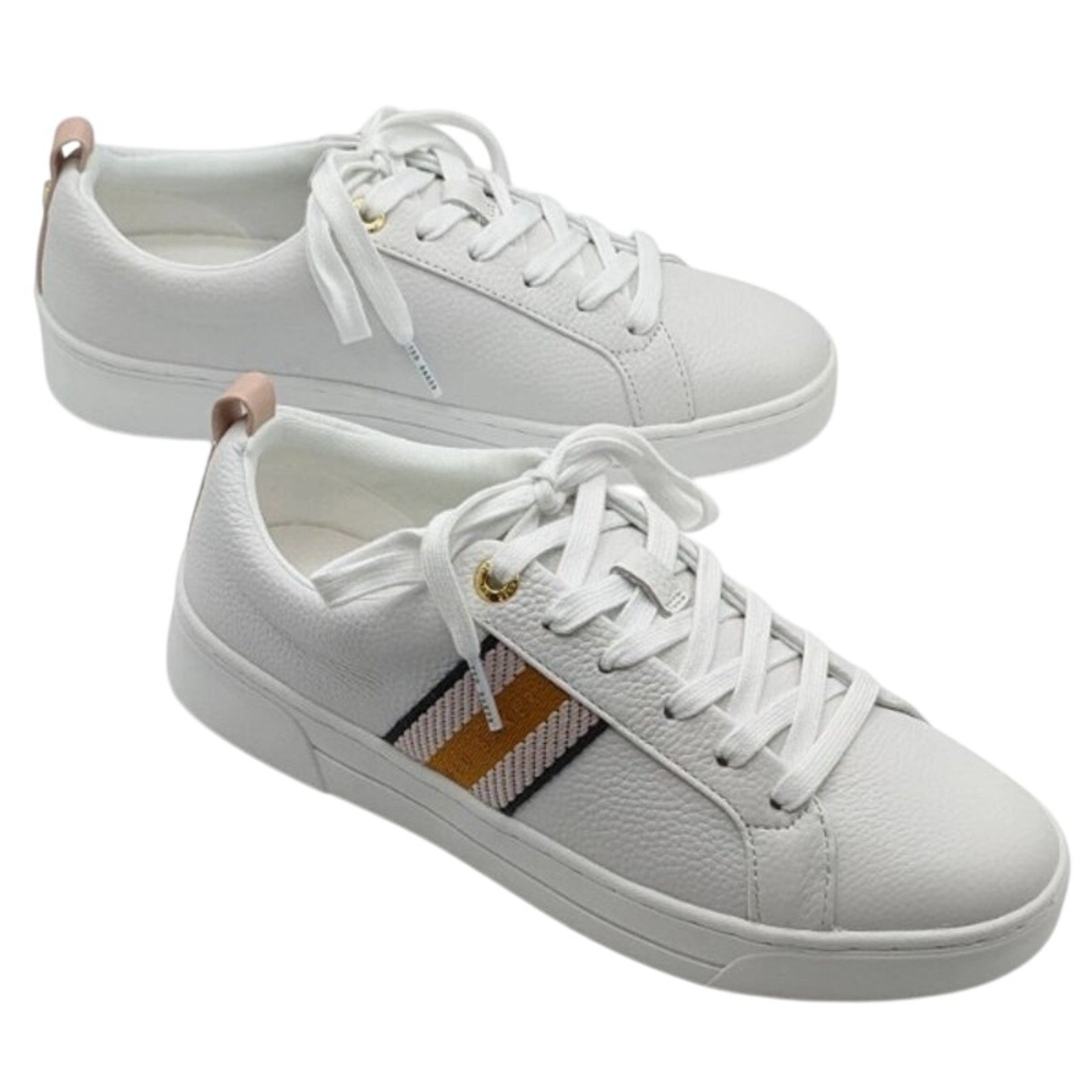 Ted Baker Bailey Icon pink and white leather sneakers with lace-up design, shown in size 7/8.5 on clean, stylish shoes.