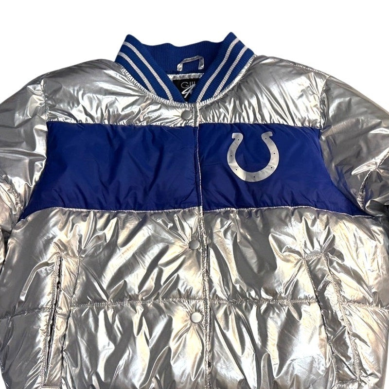 Women's metallic silver puffer jacket by Gh4her, size large, featuring a stylish quilted design and lightweight warmth.