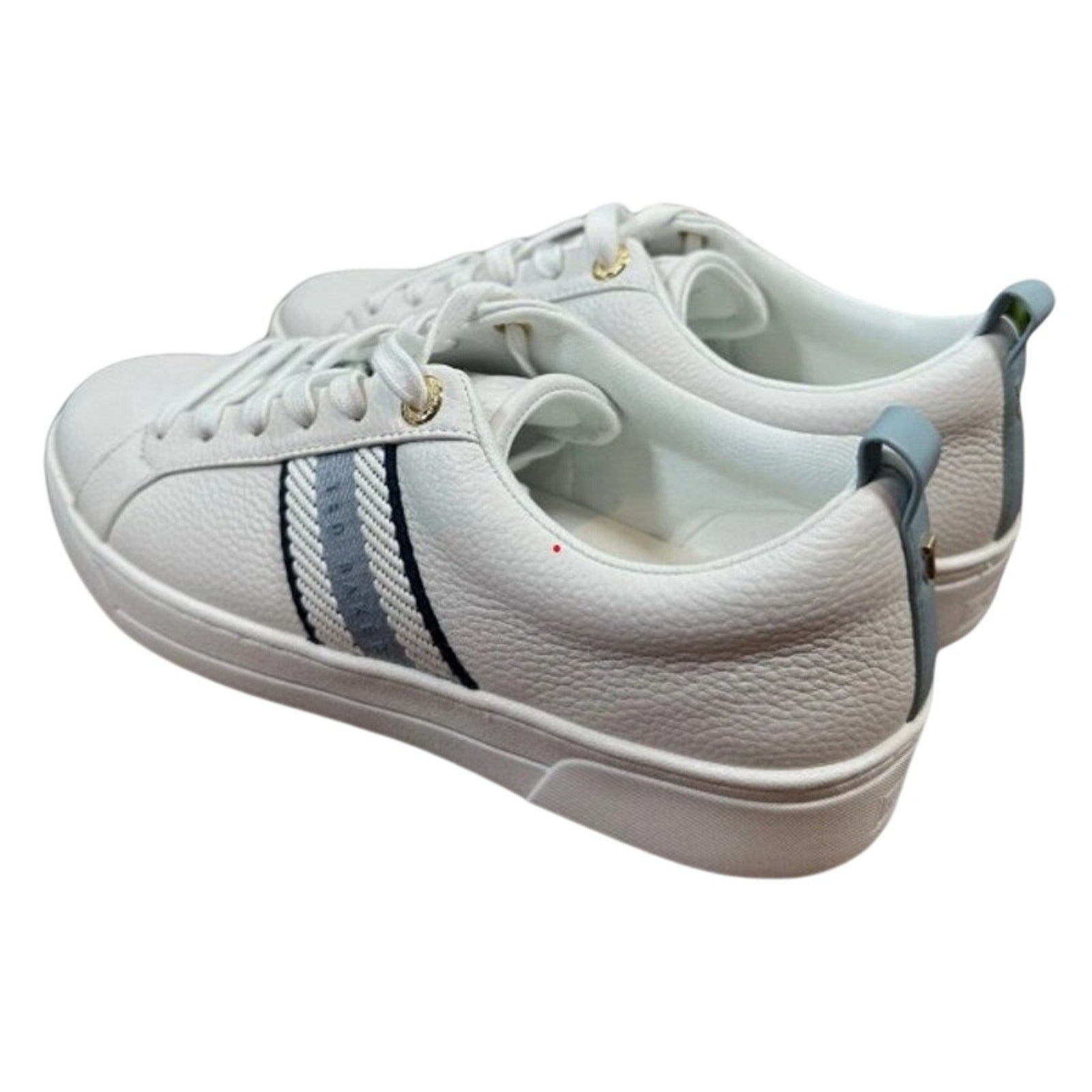 White and blue Ted Baker Bailey Icon leather sneakers for women, size 8.5/7.5/6.5, with stylish design and premium leather material.