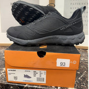 Black Merrell Altalight trail hiking shoes for men, size 11 US (EU45), showing the rugged outsole and supportive upper.