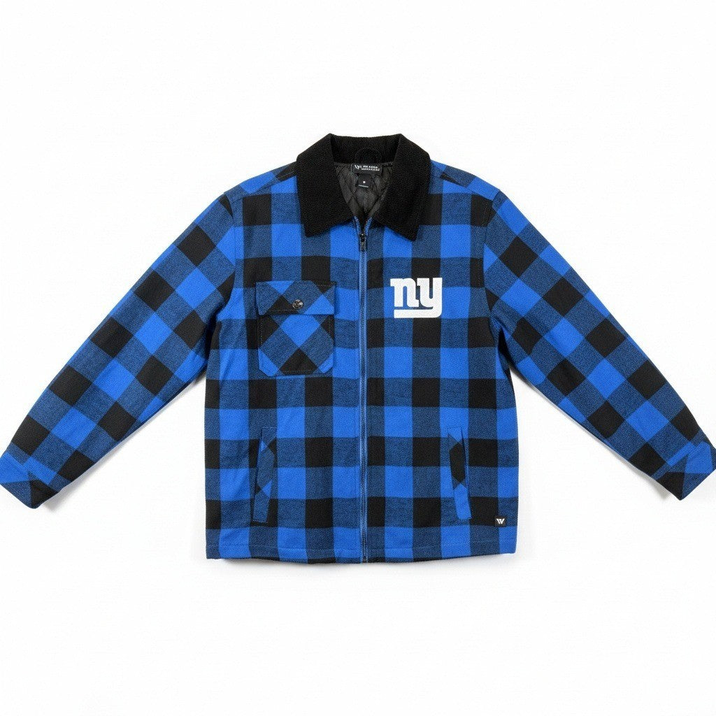 New Women's Wild Collective NY Giants flannel jacket with team logo, button-up design, and classic plaid pattern.
