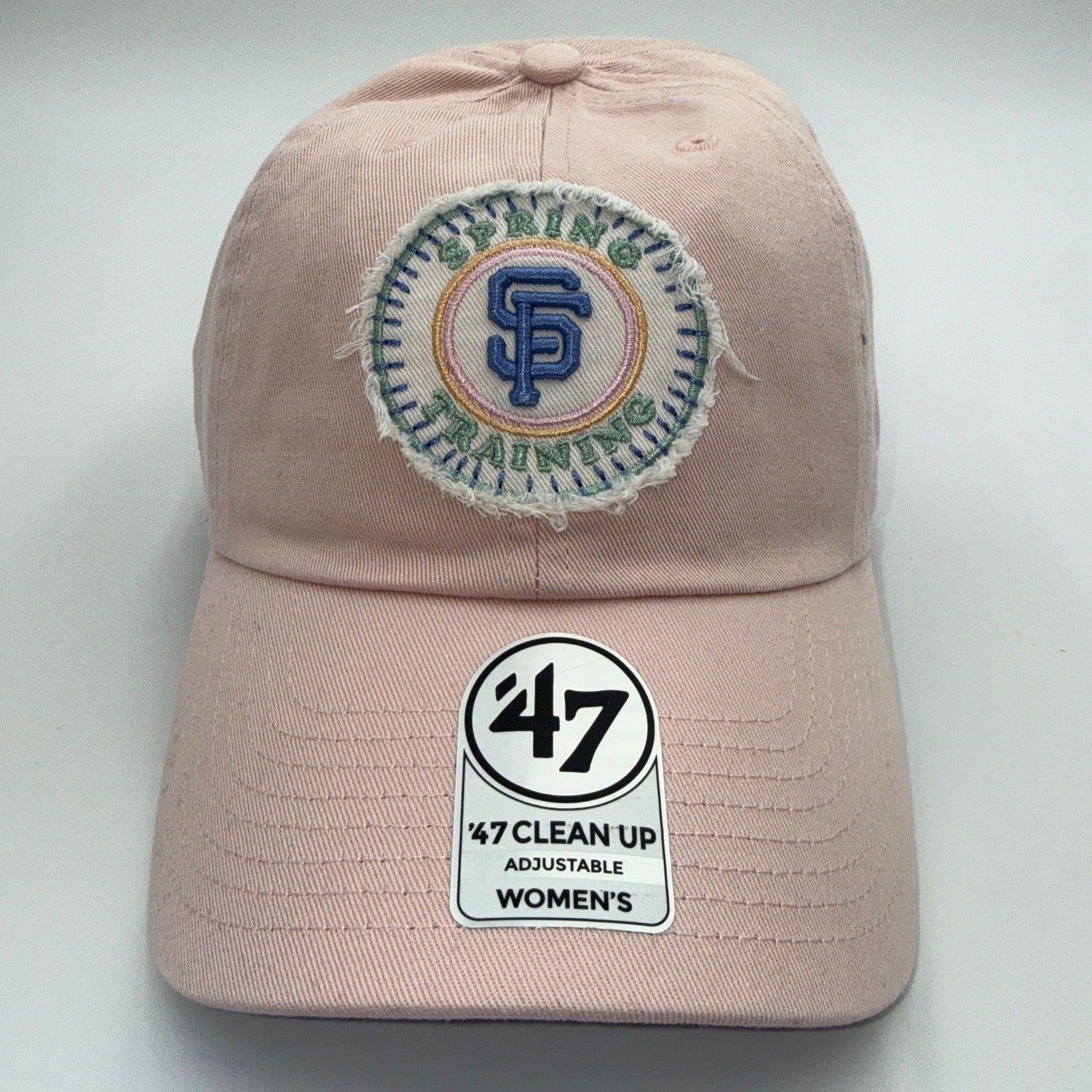 Pink adjustable MLB '47 Brand San Francisco Giants women's clean-up hat with team logo and curved brim.