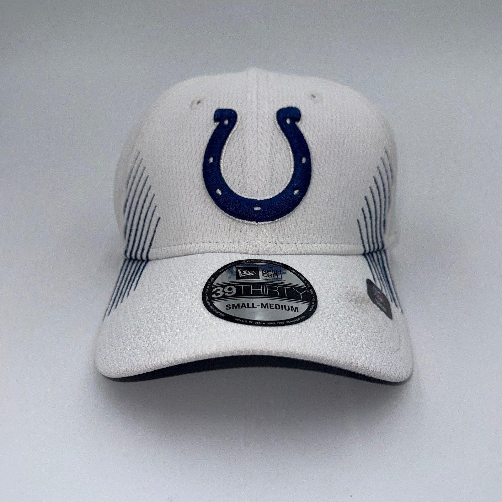 NFL New Era 39THIRTY Indy Colts fitted hat with embroidered team logo and side callout, in size small/medium.