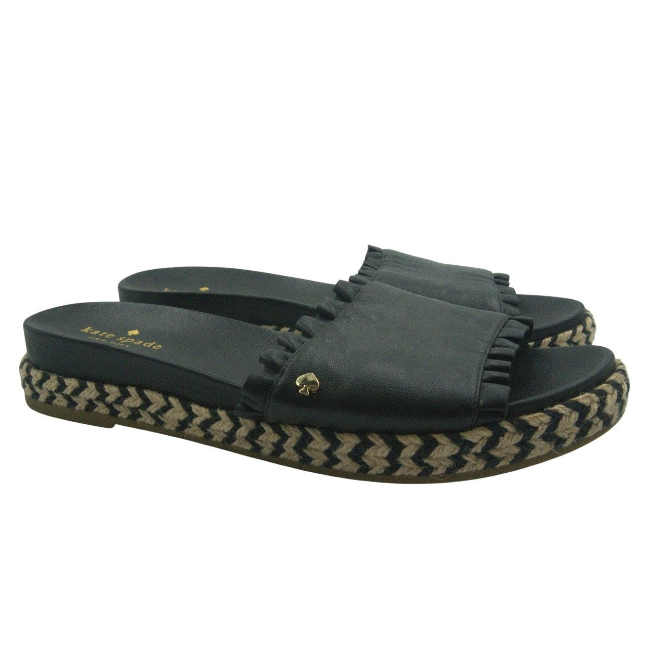Kate Spade New York black espadrille slide sandals with ruffle trim, women's size 8.5W, featuring woven sole and stylish design.