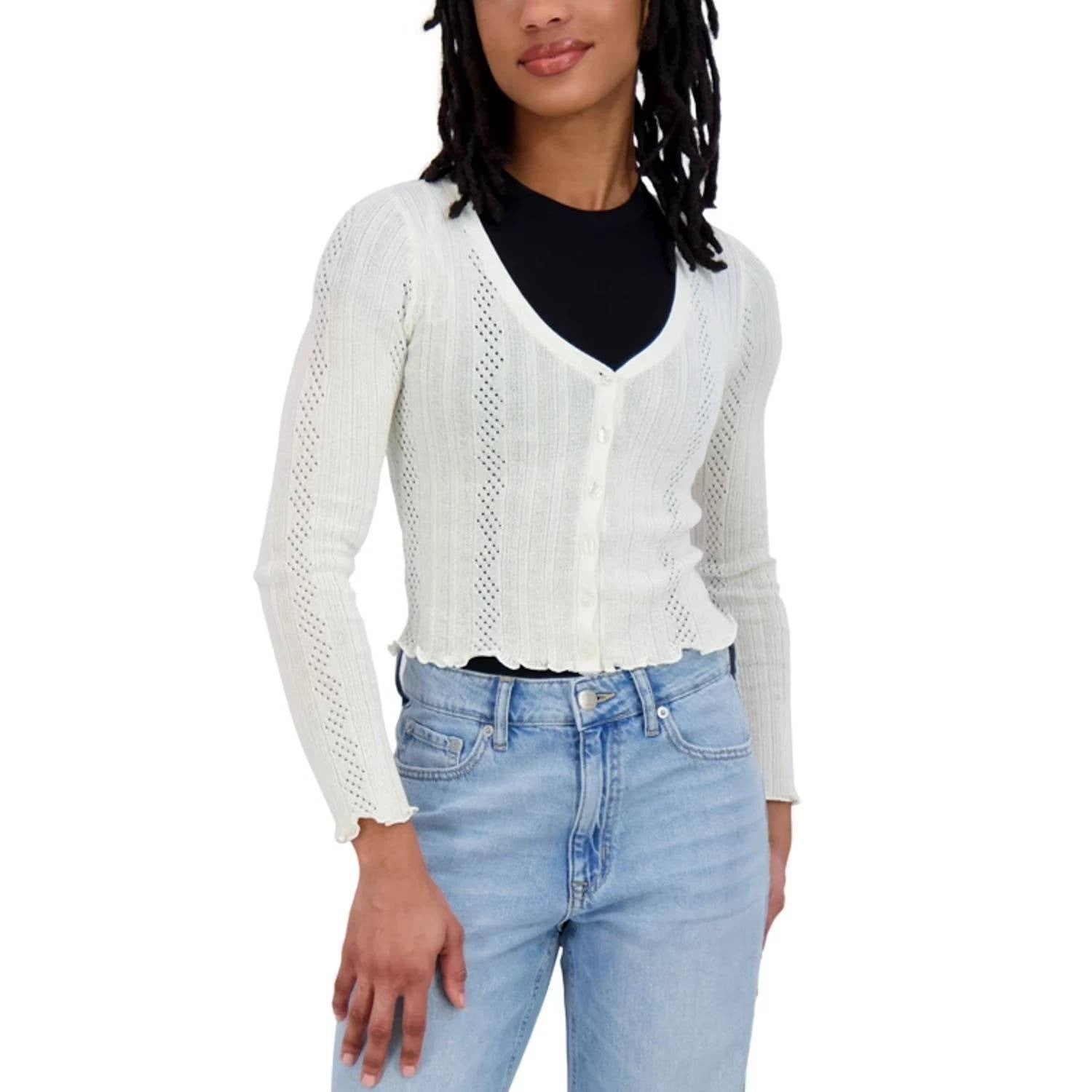 Aeropostale cropped scalloped sweatshirt cardigan with long sleeves and ribbed hem, featuring a stylish scalloped edge detail.