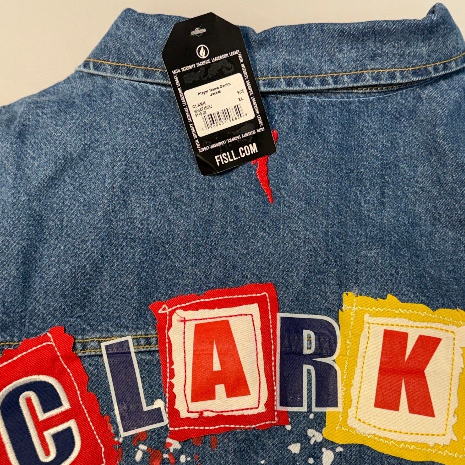 Custom denim jacket featuring Caitlin Clark #22 Indiana Fever logo, Fisll brand, in XL size, with detailed trucker style design.