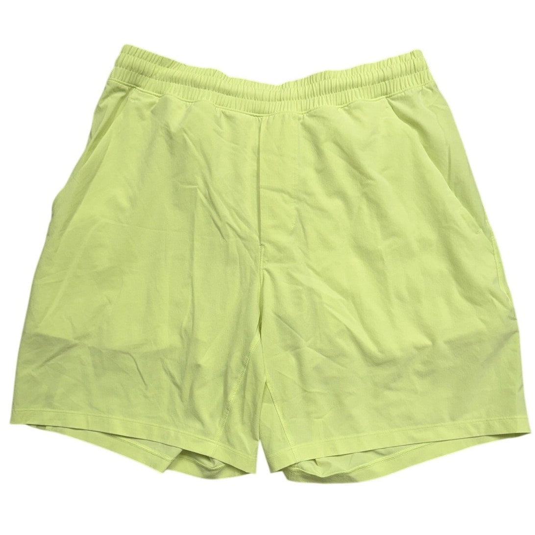 Lululemon men's neon green athletic shorts with liner, lightweight design, perfect for workouts and active wear.