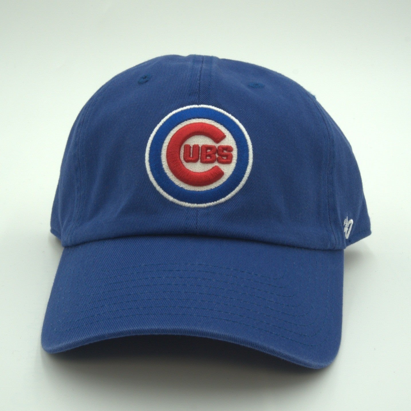 Blue '47 Brand Chicago Cubs adjustable hat with embroidered team logo and curved brim, OSFA size, on a plain background.