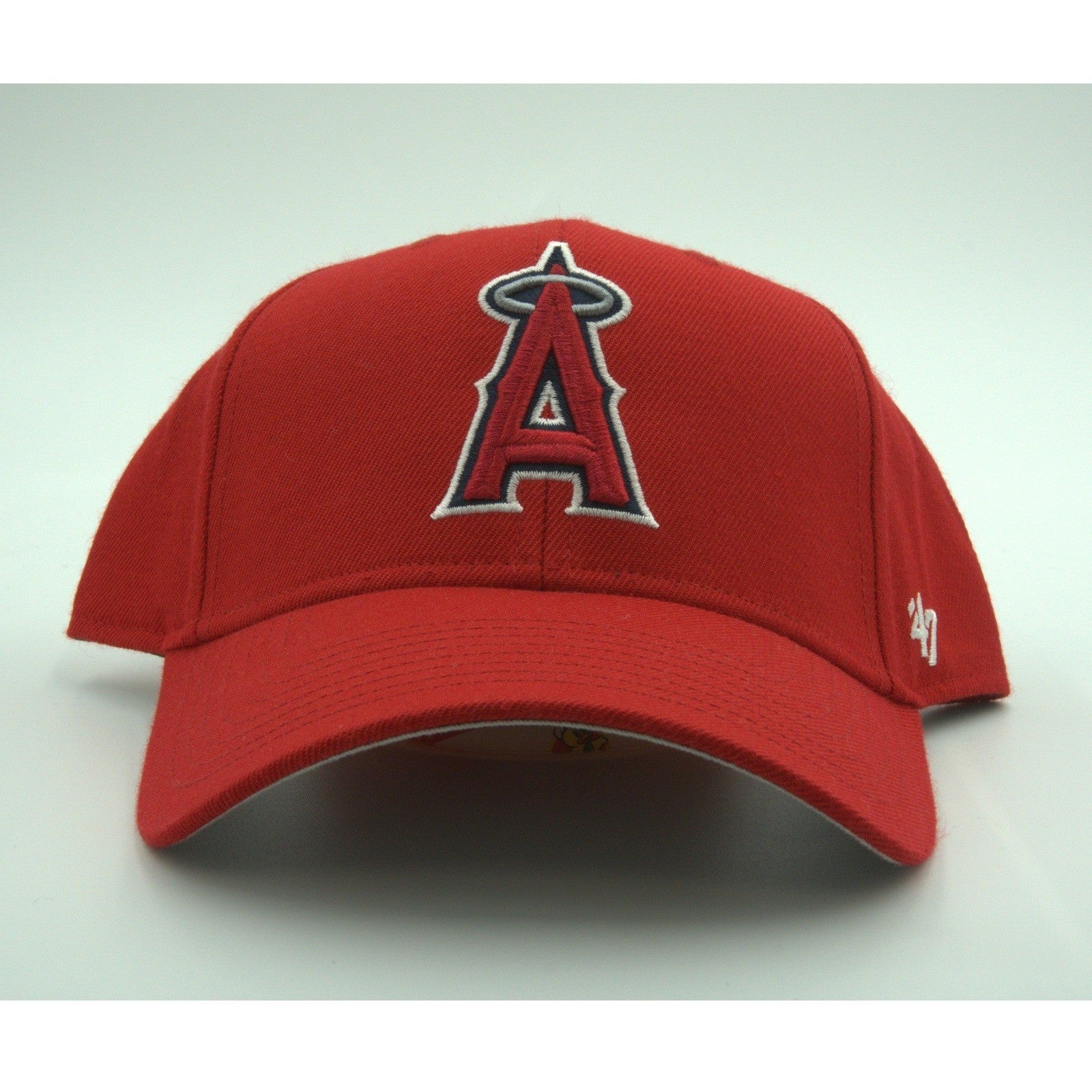 Red Los Angeles Angels '47 Brand Clean Up adjustable hat with team logo, OSFA fit, featuring a curved brim and adjustable strap.