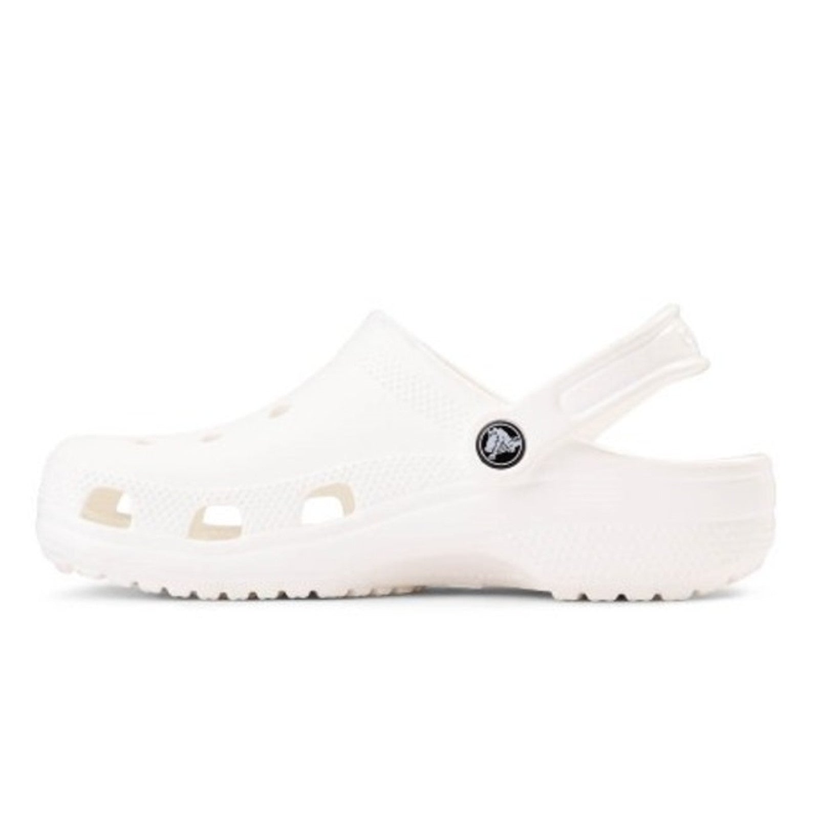 White Crocs Classic Clog sandals with J5 style, new in box, showcasing the lightweight, slip-on design and signature Crocs comfort.