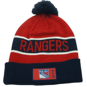 Fanatics New York Rangers pom beanie with embroidered NHL logo, knit hat featuring team colors and pom on top.