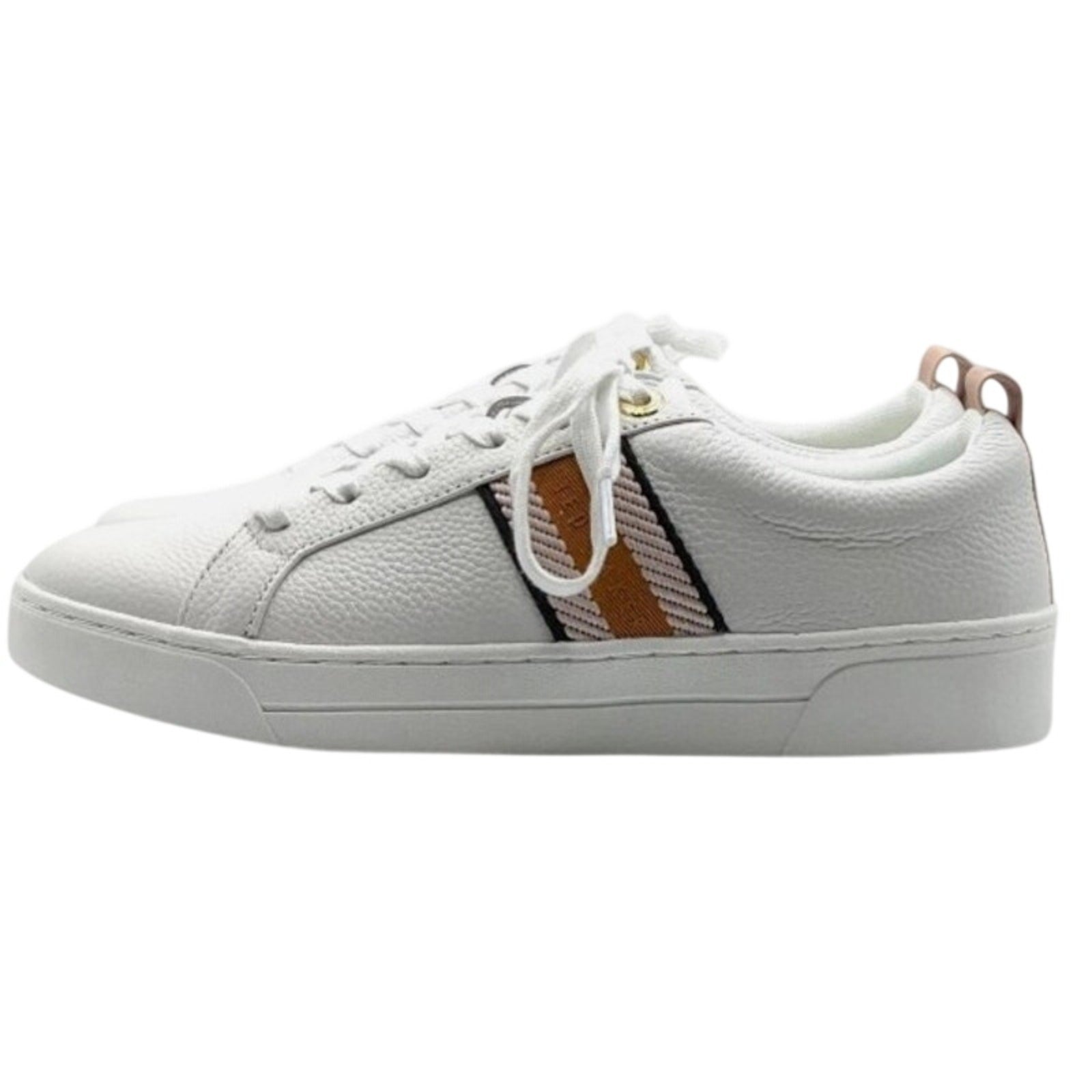 Pink and white Ted Baker Bailey Icon leather sneakers with stylish design, size 7/8.5, featuring casual sneaker style and branding.