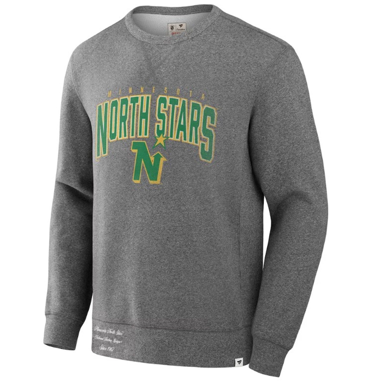 Men's Minnesota North Stars Fanatics fleece pullover sweatshirt, navy with team logo, casual and comfortable for hockey fans.