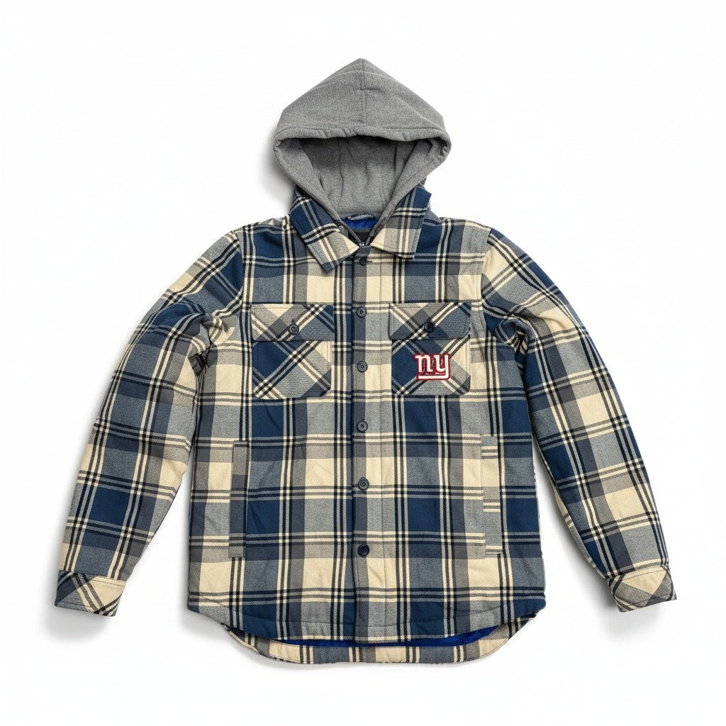 NFL New York Giants men's hooded flannel jacket with quilted lining, featuring team logo and casual outdoor style.