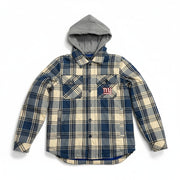 NFL New York Giants men's hooded flannel jacket with quilted lining, featuring team logo and casual outdoor style.
