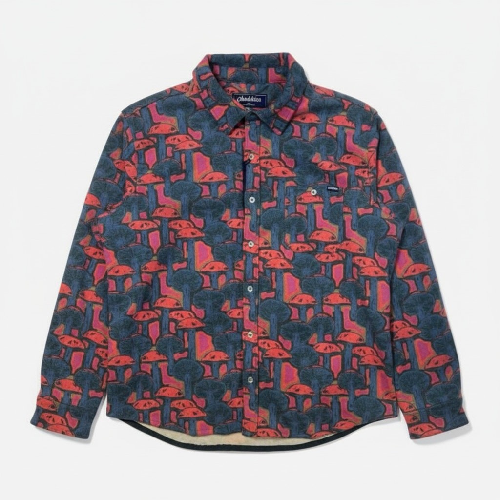 Men's oversized Chubbies fleece flannel overshirt called "The Funky Spore" with a vibrant pattern, worn open over a shirt.