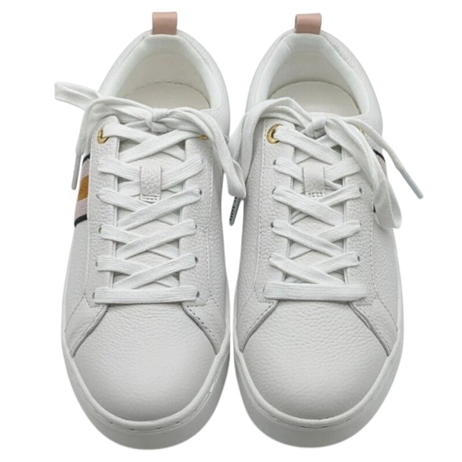 Pink and white Ted Baker Bailey Icon leather sneakers for women, size 7/8.5, featuring stylish design and comfortable fit.