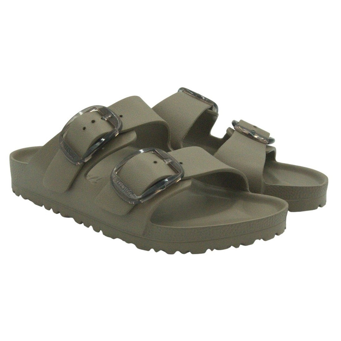 Gray taupe Birkenstock Arizona Big Buckle EVA sandals for women, size 39, featuring adjustable straps and a comfortable slip-on design.