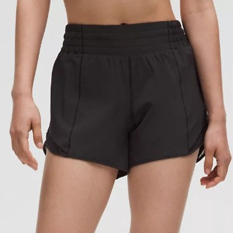 Black Lululemon Hotty Hot High-Rise Lined Shorts for women, 4-inch inseam, lightweight and comfortable activewear shorts.