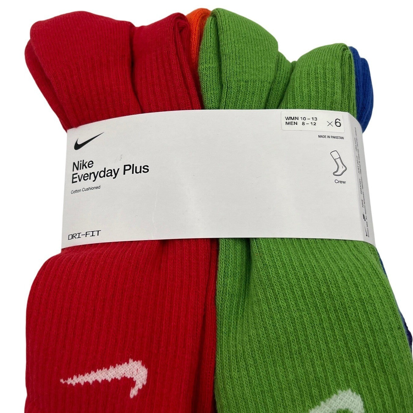 Multicolor Nike Everyday Plus Cushioned Crew Socks for training, shown in XL size, with cushioned sole and ribbed ankle design.