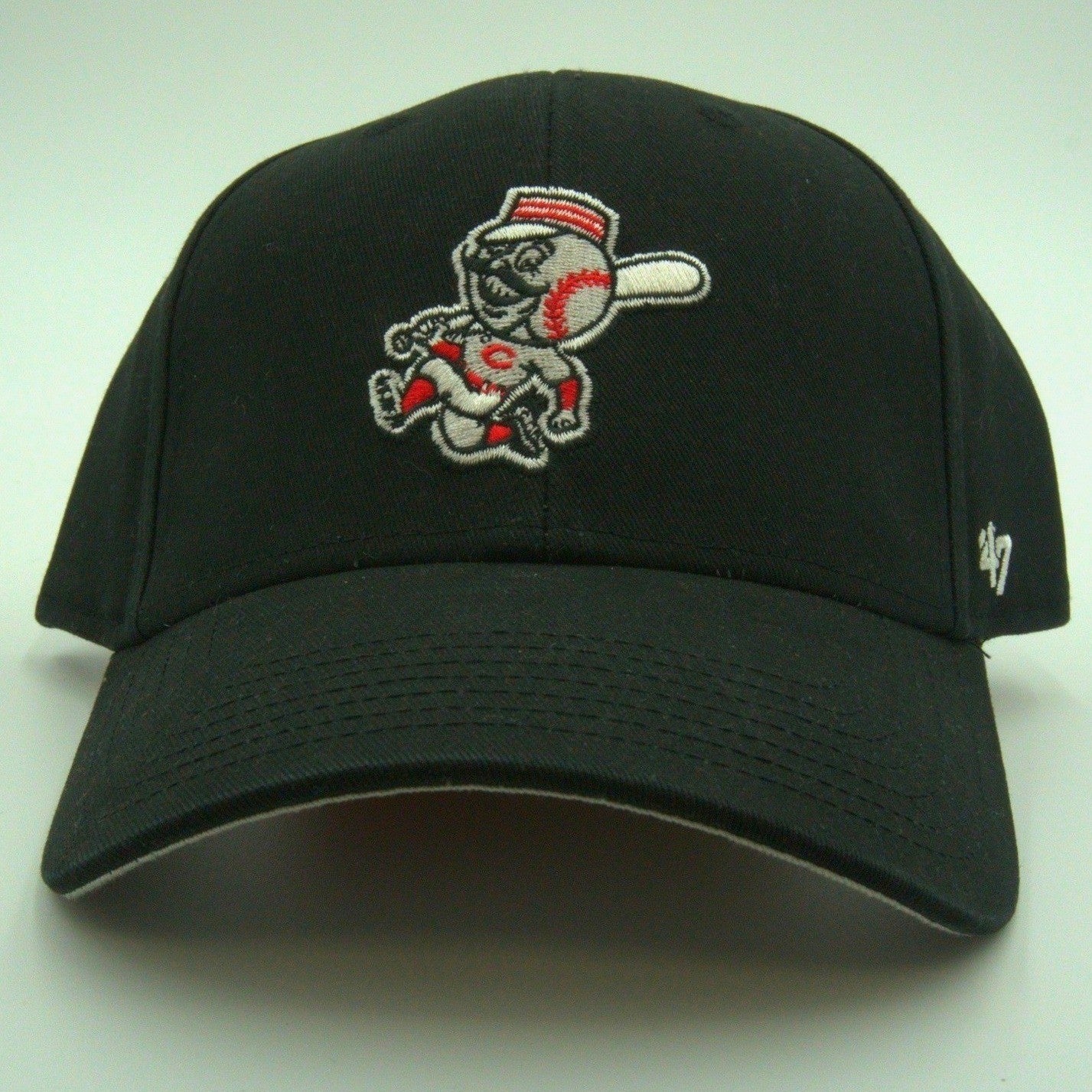 Black Cincinnati Reds '47 Brand Mr. Redlegs vintage mascot youth dad hat with MLB logo, featuring embroidered team graphics.