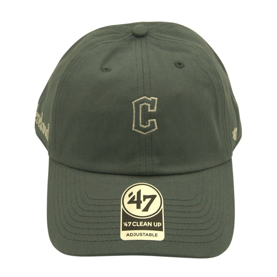 Slate gray Cleveland Guardians '47 Brand MLB adjustable hat with team logo, front view, relaxed fit, and curved brim.